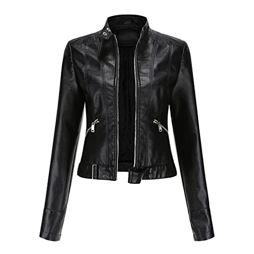 StarTreene Lederjacke Damen Herbst Lässig Bikerjacke Einfarbig mit Reißverschluss Kunstleder Jacke für Frauen von StarTreene