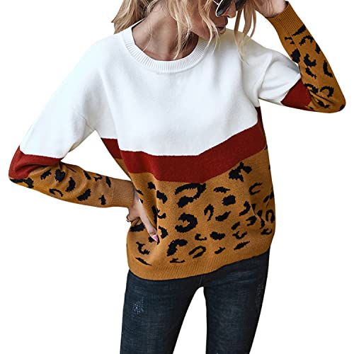 StarTreene Pullover Damen Winter Strickpulli Leopard Rundhals Gestreifter Langarmpullover Winterpullover O-Ausschnitt Lässig Strickoberteile Kurz Drucken Top Oberteile von StarTreene
