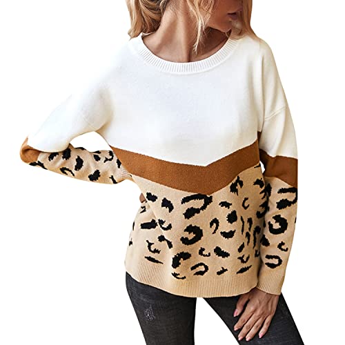StarTreene Pullover Damen Winter Strickpulli Leopard Rundhals Gestreifter Langarmpullover Winterpullover O-Ausschnitt Lässig Strickoberteile Kurz Drucken Top Oberteile von StarTreene