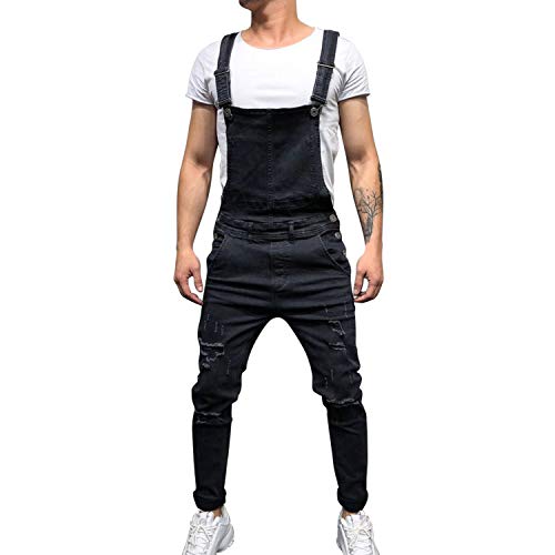 StarTreene Ripped Jeans Latzhose für Herren Übergröße Latzhose Distressed Denim Pants Gr. Medium, Schwarz von StarTreene