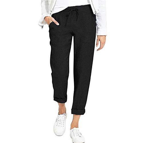 StarTreene Sommer Damen Hose Lang Freizeithosen Lose Leichte Jogginghose Sommerhose Weich 7/8 Strectch Leinenhose mit Kordelzug Alltag von StarTreene