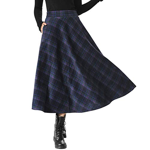 StarTreene Wollrock Lang Damen Winter Plaid Midi Rock Vintage Hohe Taille Kariert Faltenrock Warm A Linie mit Taschen von StarTreene