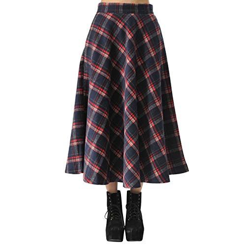 StarTreene Wollrock Lang Damen Winter Plaid Midi Rock Vintage Hohe Taille Kariert Faltenrock Warm A Linie mit Taschen von StarTreene