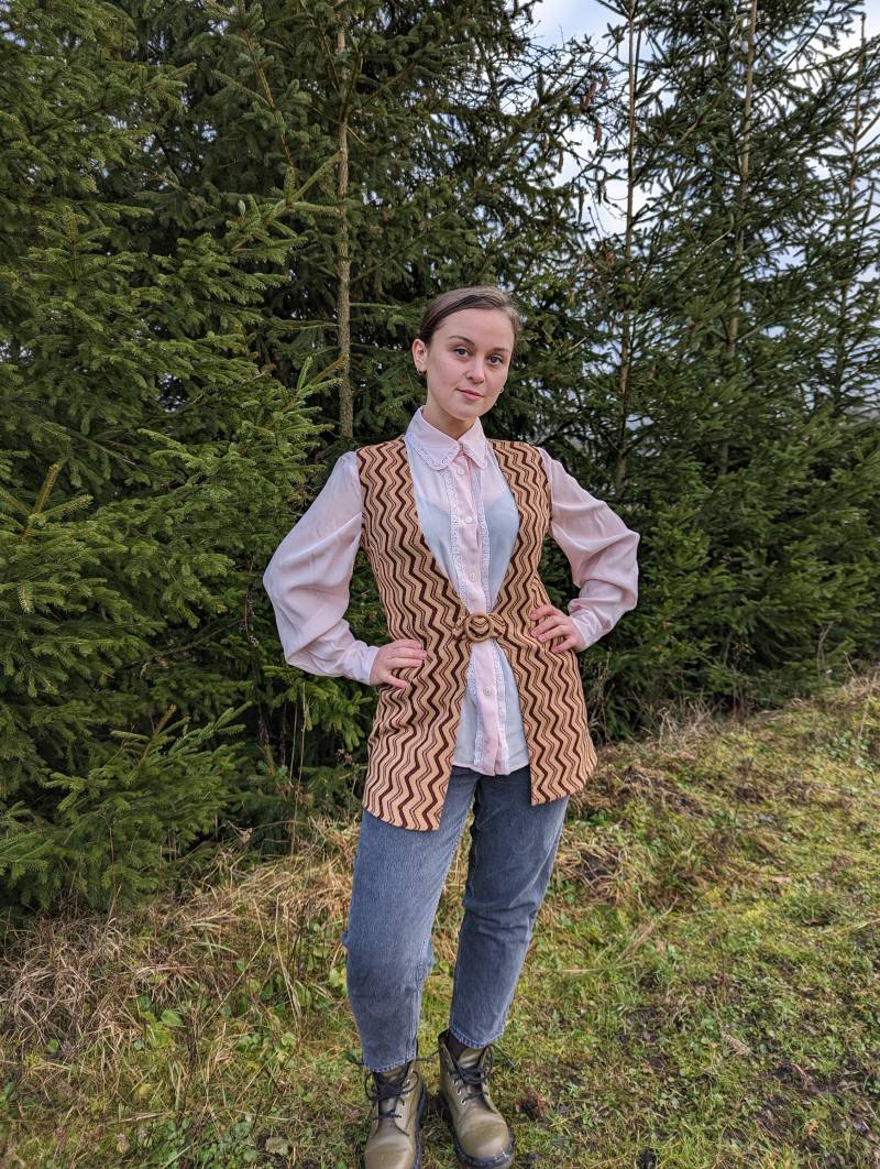 Damen Vintage Lange Weste 60Er-70Er Jahre Zickzack Muster Größe M von StaraLiadaVintage