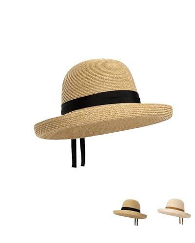 Starblazia Strohhut Damen Sommer UV-Schutz Sonnenschutz Hut UPF 50+ Strandhut Faltbar Damen mit Breite Krempe,Khaki+Schwarz Band von Starblazia