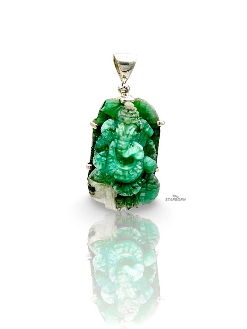 starborn Smaragd Ganesha 925 Silber Anhänger Handgemacht Geschnitzt von StarbornEurope