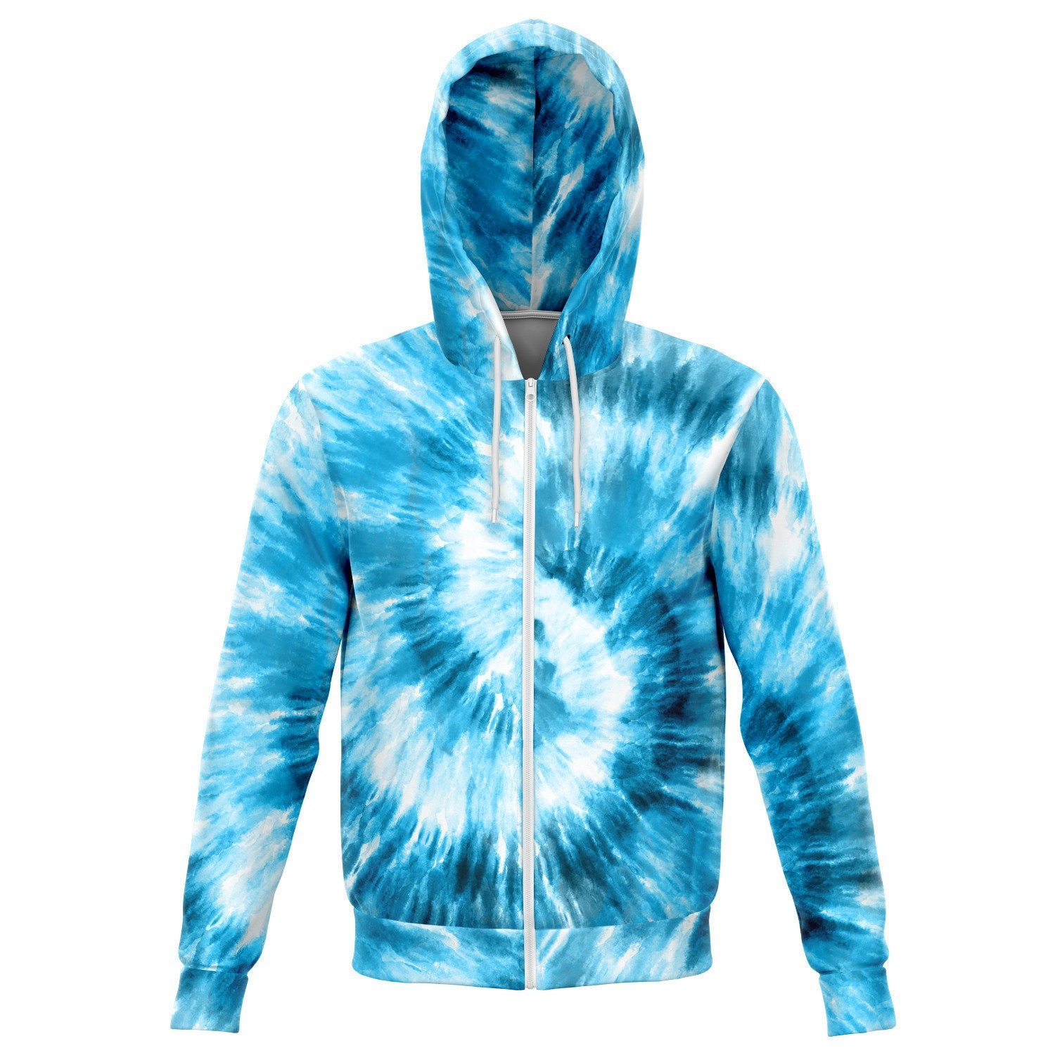 Blaue Krawatte Dye Zip Up Kapuzenpullover, Front Tasche Männer Frauen Erwachsene Ästhetik Grafik Baumwolle Kapuzenpullover von Starcovedesign