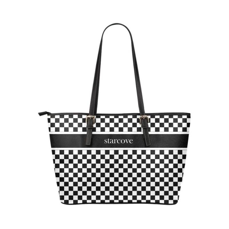 Schwarz Weiß Kariert Tote Bag Geldbörse, Frauen Karo Racing Flagge Print Handtasche Schachbrett Zip Top Vegan Leder Designer Damen Schulter von Starcovedesign