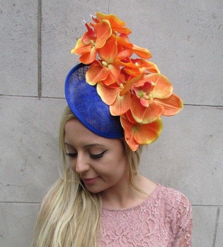 Orange Royal Blau Orchidee Blume Saucer Disc Hat Fascinator Haarband-Rennen 6259 von Starcrossedbeauty