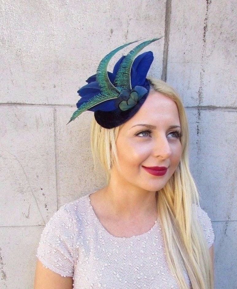 Samt Marine Blau Grün Pfau Statement Feder Fascinator Hut Sh-115 von Starcrossedbeauty
