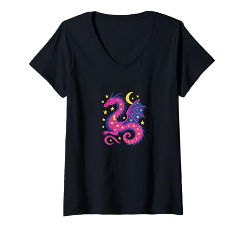 Damen Himmlischer Drachengeist schwebt unter Sternen Mondmagie Kunst T-Shirt mit V-Ausschnitt Damen Himmlischer Drachengeist schwebt unter Sternen Mondmagie Kunst T-Shirt mit V-Ausschnitt von Stardrift Mythic Realm