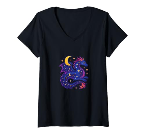 Damen Himmlischer Drachengeist schwebt unter Sternen Mondmagie Kunst T-Shirt mit V-Ausschnitt Damen Himmlischer Drachengeist schwebt unter Sternen Mondmagie Kunst T-Shirt mit V-Ausschnitt von Stardrift Mythic Realms Art