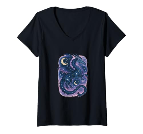 Damen Himmlischer Drachengeist schwebt unter Sternen Mondmagie Kunst T-Shirt mit V-Ausschnitt Damen Himmlischer Drachengeist schwebt unter Sternen Mondmagie Kunst T-Shirt mit V-Ausschnitt von Stardrift Mythic Realms