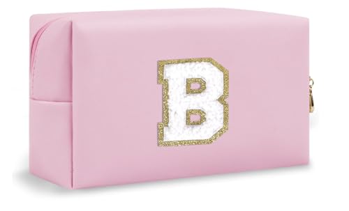 Stardust Gemstones Make-up-Tasche, Kulturbeutel mit Chenille-Buchstaben-Aufnäher, personalisiertes Geschenk für Frauen und Teenager-Mädchen, niedliche Make-up-Tasche, Reiseutensilien-Organizer, Pink, von Stardust Gemstones