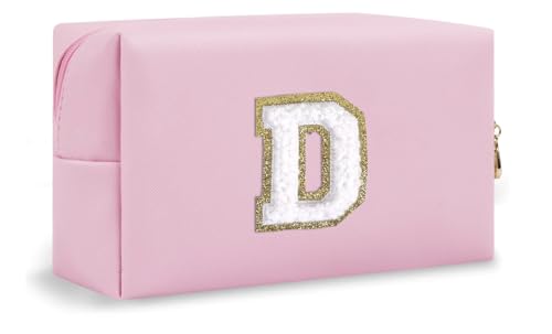 Stardust Gemstones Make-up-Tasche, Kulturbeutel mit Chenille-Buchstaben-Aufnäher, personalisiertes Geschenk für Frauen und Teenager-Mädchen, niedliche Make-up-Tasche, Reiseutensilien-Organizer, Pink, von Stardust Gemstones