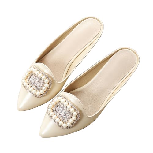 Starella Damen Pantoletten mit spitzem Zehenbereich Slides Strass Hochzeit Flache Schuhe Slip-on Rückenfrei Loafer, Pu/Hautfarben, 40.5 EU von Starella