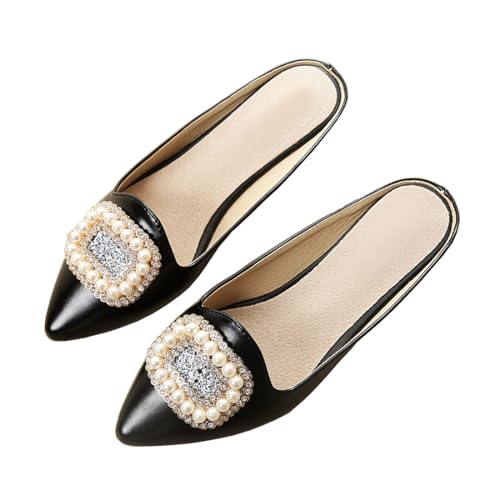 Starella Damen Pantoletten mit spitzem Zehenbereich Slides Strass Hochzeit Flache Schuhe Slip-on Rückenfrei Loafer, Pu/Schwarz, 38 EU von Starella