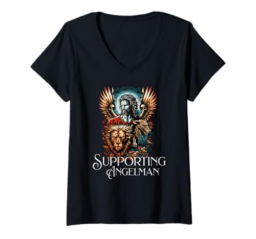 Damen Angelman Unterstützung Mythos Wächter Symbolik T-Shirt mit V-Ausschnitt Damen Angelman Unterstützung Mythos Wächter Symbolik T-Shirt mit V-Ausschnitt von Starke visuelle Symbolik für Aufklärer