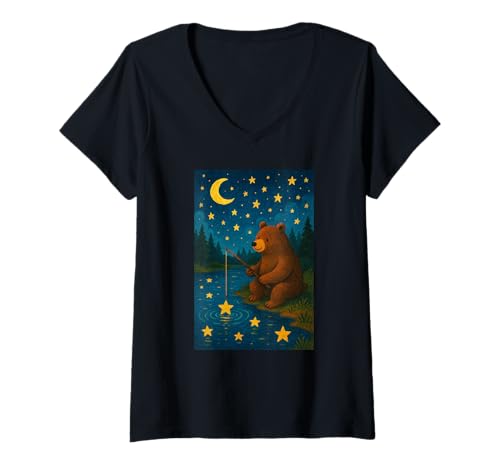 Damen Bär Angeln für Sterne Nachthimmel Woodland Storybook Szene T-Shirt mit V-Ausschnitt Damen Bär Angeln für Sterne Nachthimmel Woodland Storybook Szene T-Shirt mit V-Ausschnitt von Starlake Tales