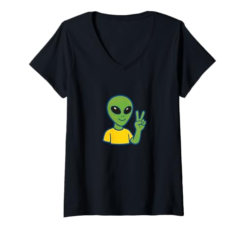 Damen Groovy Alien Giving Peace Zeichen Retro Cosmic Vibes T-Shirt mit V-Ausschnitt Damen Groovy Alien Giving Peace Zeichen Retro Cosmic Vibes T-Shirt mit V-Ausschnitt von Starlight Oddities Collective