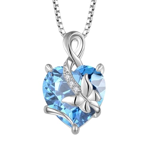 Starnny Damen Kette Sterling Silver 925 Infinity Unendlichkeit Schmetterling Halskette mit Herz 5A Cubic Zirconia März Geburtsstein Aquamarin Farbe Schmuck für Frauen von Starnny