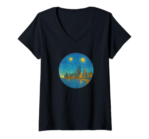Damen Chicago Illinois Skyline – Van Gogh Sternennacht-Stil T-Shirt mit V-Ausschnitt Damen Chicago Illinois Skyline – Van Gogh Sternennacht-Stil T-Shirt mit V-Ausschnitt von Starry Night Apparel for Men Women Kids by Tess