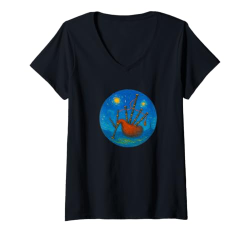Damen Dudelsack Bluegrass Scotland – Van Gogh Starry Night Style T-Shirt mit V-Ausschnitt Damen Dudelsack Bluegrass Scotland – Van Gogh Starry Night Style T-Shirt mit V-Ausschnitt von Starry Night Apparel for Men Women Kids by Tess