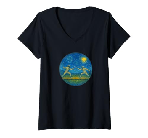 Damen Fechten Sport – Van Gogh Sternennacht-Stil T-Shirt mit V-Ausschnitt von Starry Night Apparel for Men Women Kids by Tess