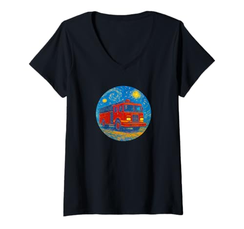 Damen Feuerwehrauto Feuerwehrmann Rot – Van Gogh Sternennacht Stil T-Shirt mit V-Ausschnitt Damen Feuerwehrauto Feuerwehrmann Rot – Van Gogh Sternennacht Stil T-Shirt mit V-Ausschnitt von Starry Night Apparel for Men Women Kids by Tess