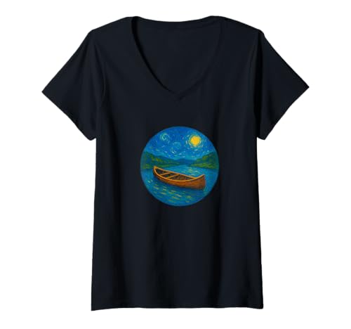 Damen Kanu Kanu Wassersport – Van Gogh Sternennacht Stil T-Shirt mit V-Ausschnitt Damen Kanu Kanu Wassersport – Van Gogh Sternennacht Stil T-Shirt mit V-Ausschnitt von Starry Night Apparel for Men Women Kids by Tess