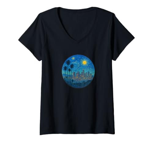 Damen Los Angeles California – Van Gogh Sternennacht-Stil T-Shirt mit V-Ausschnitt Damen Los Angeles California – Van Gogh Sternennacht-Stil T-Shirt mit V-Ausschnitt von Starry Night Apparel for Men Women Kids by Tess