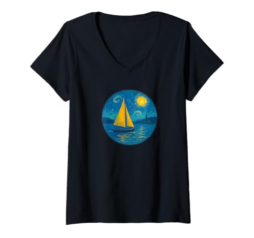 Damen Segelboot Segel Segelschiff Captain Yacht Van Gogh Style T-Shirt mit V-Ausschnitt von Starry Night Apparel for Men Women Kids by Tess