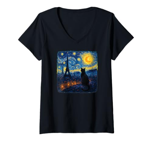 Damen Cat Paris Eiffelturm Starry Night Van Gogh inspirierte Kunst T-Shirt mit V-Ausschnitt Damen Cat Paris Eiffelturm Starry Night Van Gogh inspirierte Kunst T-Shirt mit V-Ausschnitt von Starry Night Cat Van Gogh Paris inspiriert