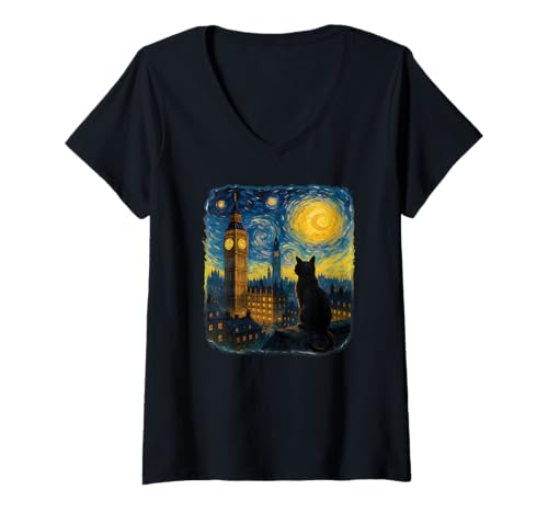 Damen Cat London Big Clock Starry Night Van Gogh inspiriert T-Shirt mit V-Ausschnitt von Starry Night Cat van Gogh London inspirierte