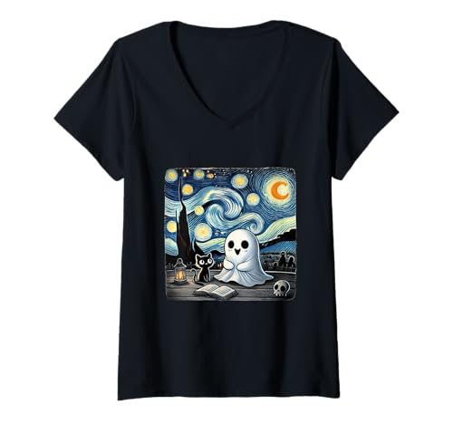 Damen Starry Night Cat Halloween Pumpkin Spooky Ghost Reading Book T-Shirt mit V-Ausschnitt von Starry Night Halloween Ghost Reading Book Cat Kids