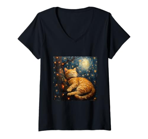 Damen Cute Van Gogh Style Starry Night Cat Cat Mom Cat Dad T-Shirt mit V-Ausschnitt von Starry Night Inspired Van Gogh Style