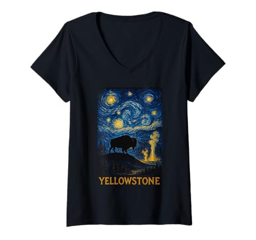 Damen Von Van Gogh inspirierter Yellowstone-Nationalpark T-Shirt mit V-Ausschnitt von Starry Night Yellowstone National Park Van Gogh Co