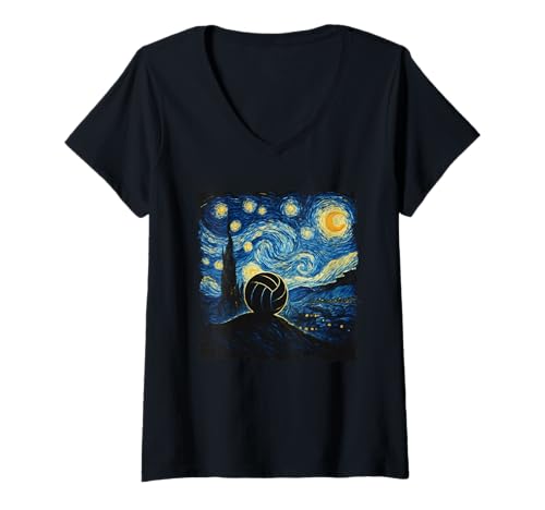 Damen Starry Night Volleyball inspirierte Kunst für Spieler T-Shirt mit V-Ausschnitt Damen Starry Night Volleyball inspirierte Kunst für Spieler T-Shirt mit V-Ausschnitt von Starry Night in Sports and Art Van Gogh
