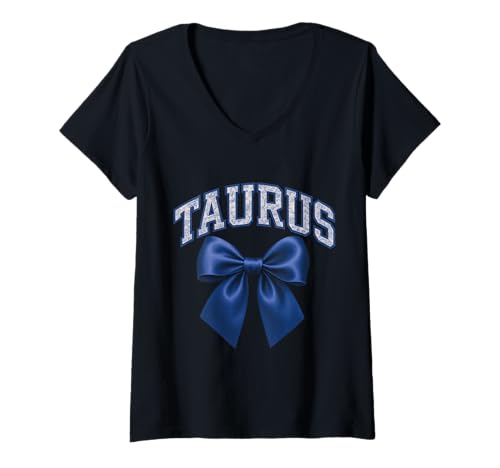 Damen Stier Sternzeichen Blaue Schleife Chinoiserie Kokette Ästhetik T-Shirt mit V-Ausschnitt Damen Stier Sternzeichen Blaue Schleife Chinoiserie Kokette Ästhetik T-Shirt mit V-Ausschnitt von Starry Zodiac Coquette Collection