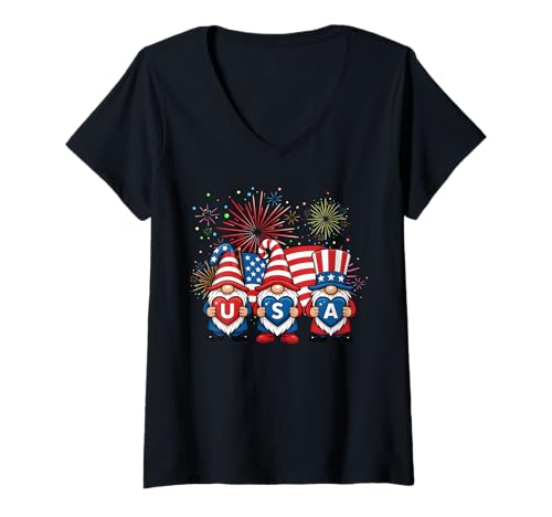 Damen USA Patriotische Zwerg Kunst Lustiges Feuerwerk 4. Juli T-Shirt mit V-Ausschnitt Damen USA Patriotische Zwerg Kunst Lustiges Feuerwerk 4. Juli T-Shirt mit V-Ausschnitt von Stars and Gnomie Beards