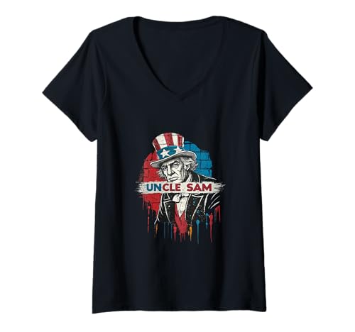 Damen Uncle Sam Graffiti Urban Art Patriotic Rot Weiß Blau Stil T-Shirt mit V-Ausschnitt von Stars and Stripes Streetwear