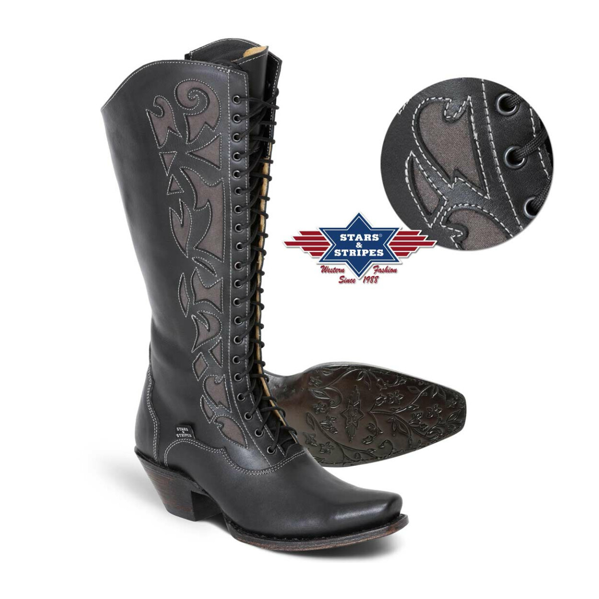 Ausgefallener Westernstiefel, Cowboystiefel, schwarz Rindsleder mit Applikationen Stars&Stripes von Stars & Stripes