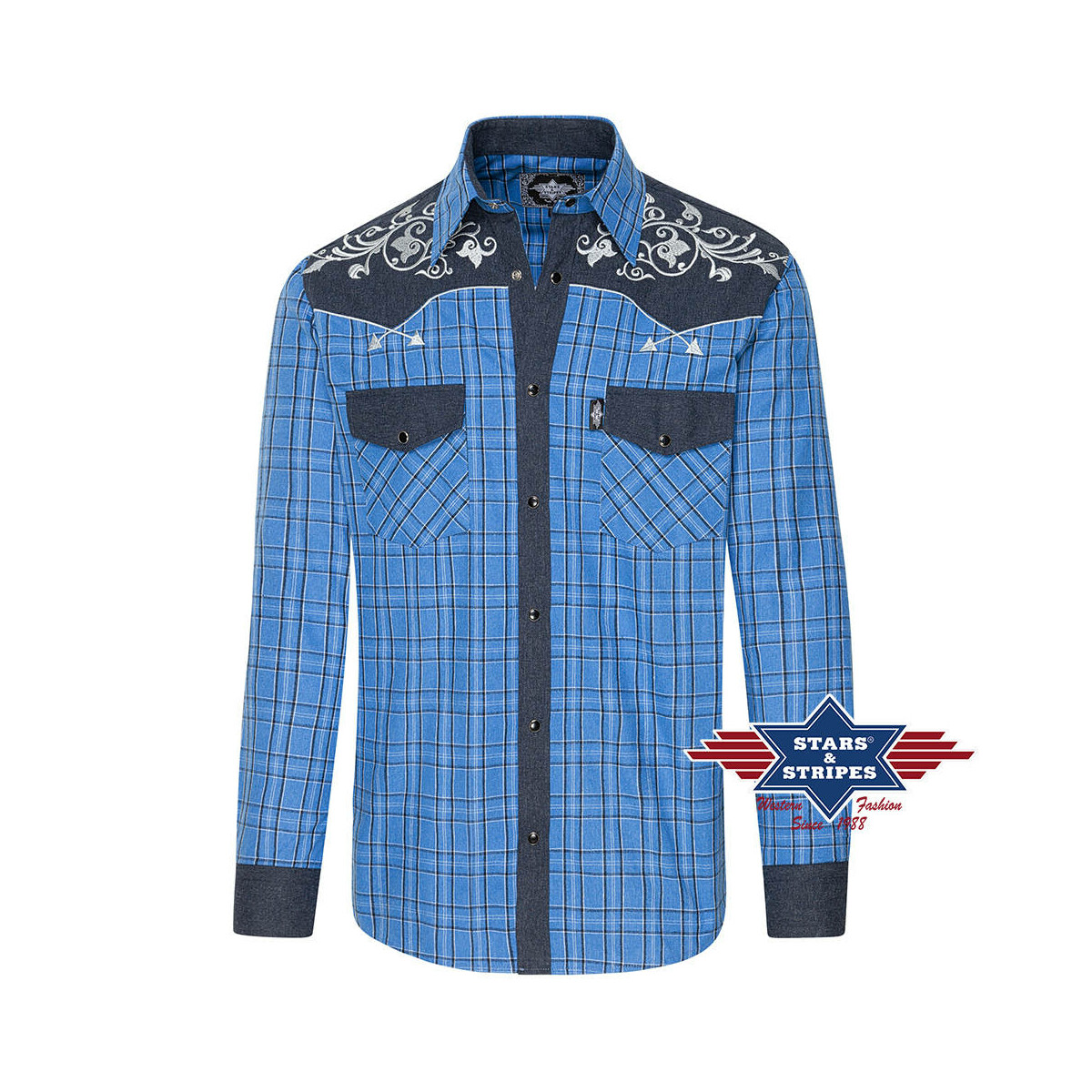 Blau kariertes Westernhemd Finley mit bestickter Westernpasse von Stars & Stripes