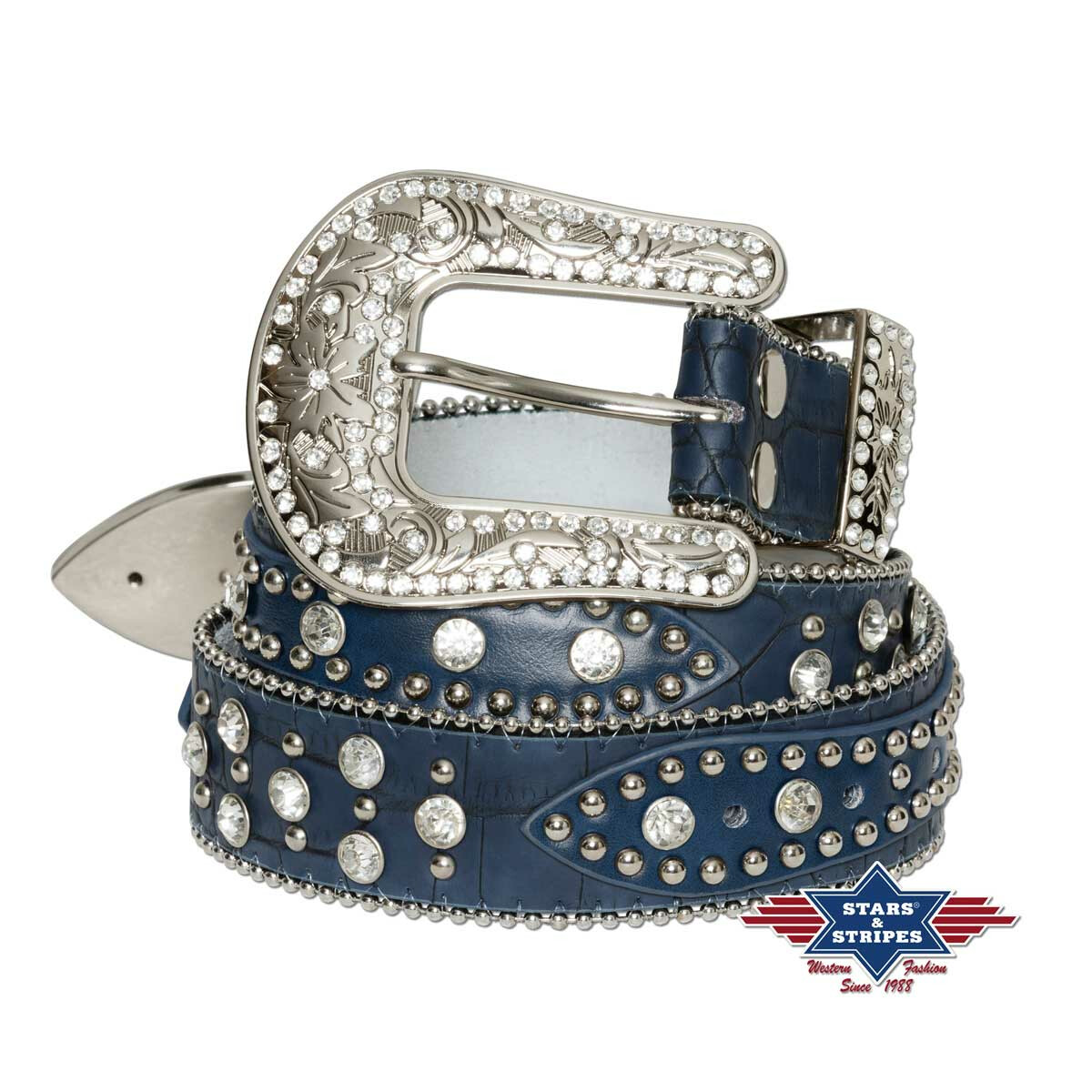 Blauer Damengürtel Rockabilly Westerngürtel Bling Bling Ledergürtel + Stras L von Stars & Stripes