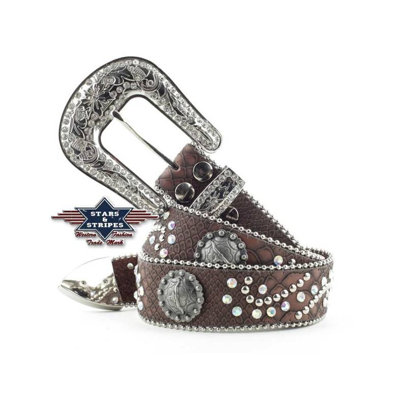 Brauner Damengürtel Westerngürtel mit Strasssteinen und Conchos S von Stars & Stripes