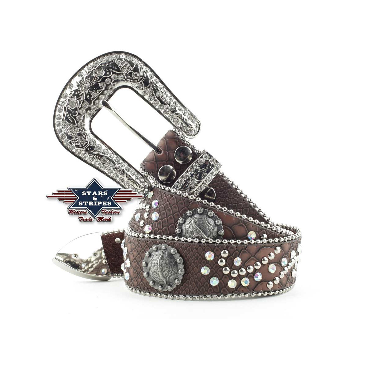 Brauner Damengürtel Westerngürtel mit Strasssteinen und Conchos von Stars & Stripes