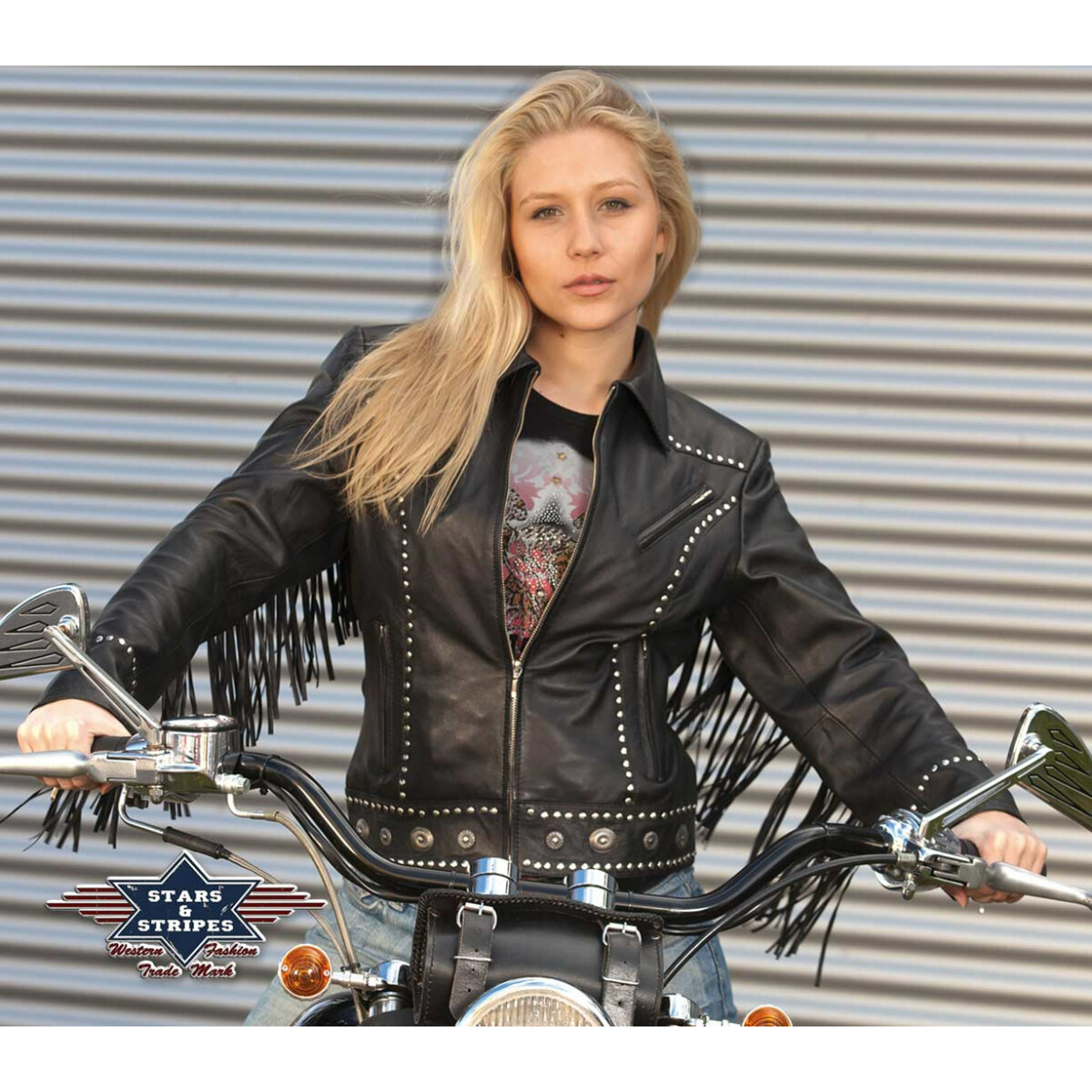 Damen Bikerjacke Lederjacke Fransenjacke Brooklyn" Lammnappa schwarz Stars&Stripes Größe XL" von Stars & Stripes