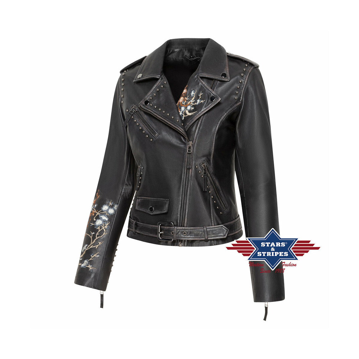 Damen Lederjacke, Fransenjacke Mabel", mit Stickerei, schwarz L" von Stars & Stripes