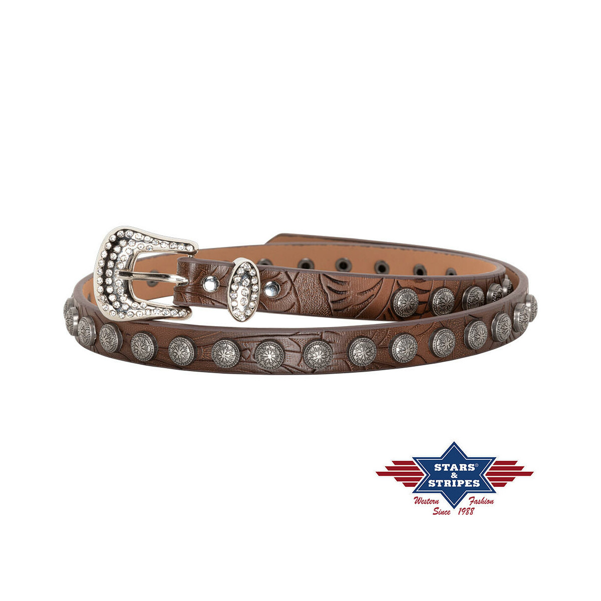 Dekoratives braunes Hutband mit kleinen Conchos. von Stars & Stripes