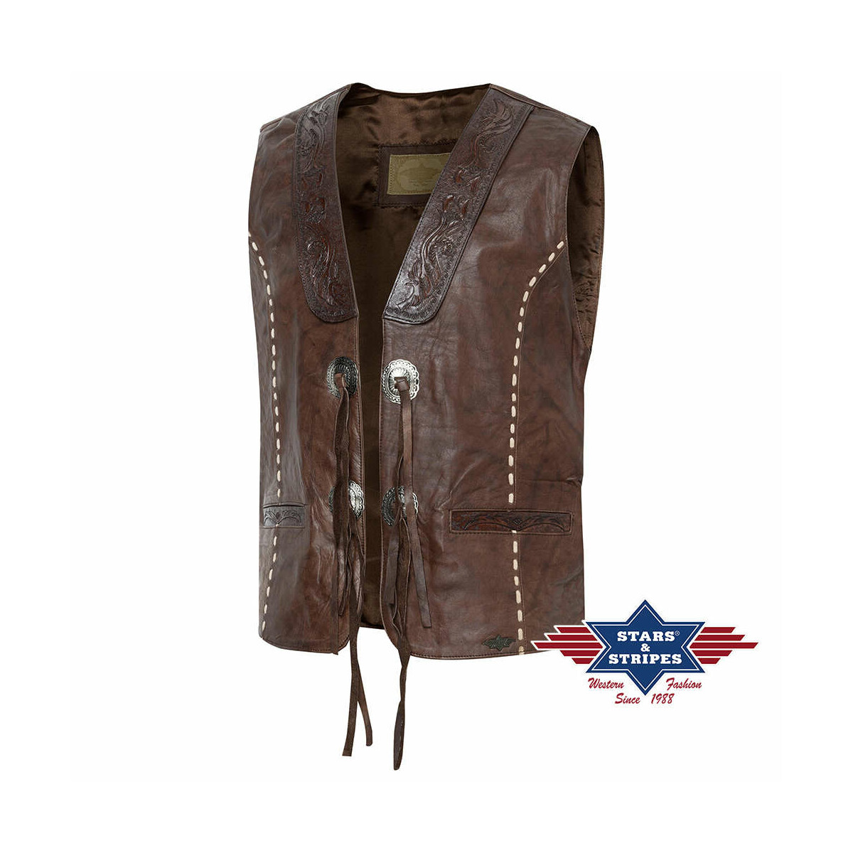 Edle Rindsleder Western Biker Weste L von Stars & Stripes